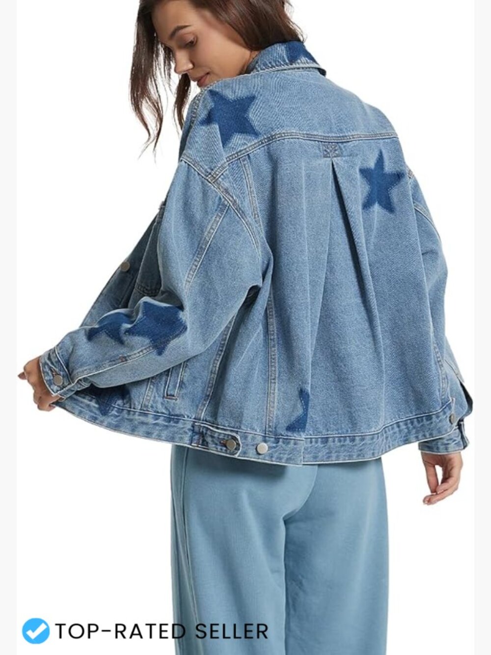 Oversized Denim Jacket Vintage Boyfriend Style Leopard Stars Printed with - Picture 1 of 7